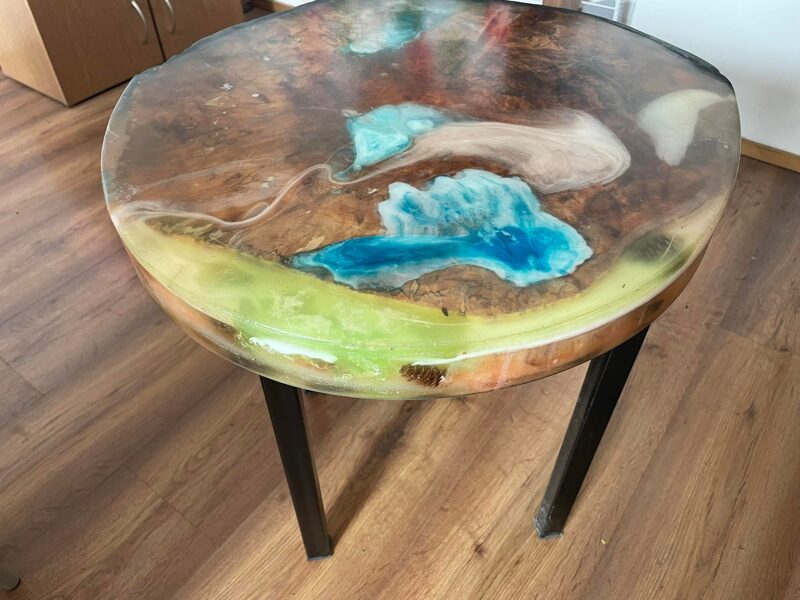 Epoxy coffee table with led lighting and fluorescent epoxies