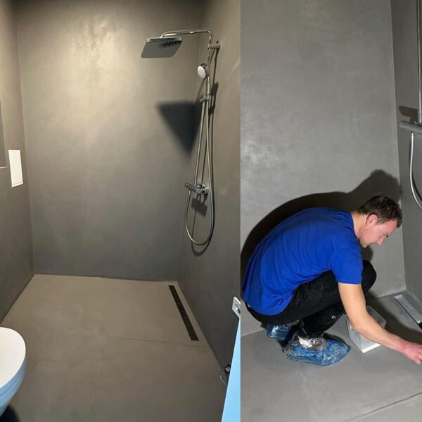 Mikrocementa vannas istaba, trapa pieveidošana un lakas pārklāšana