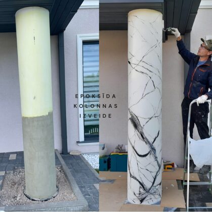 Betona kolonnas tika pārveidotas par marmora imitācijas ar venēcijas apmetumu un epoksīdu