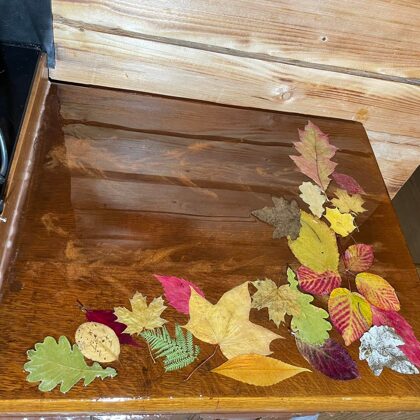 Chocolate pigments, indented bronze wood texture and translucent pigment on top