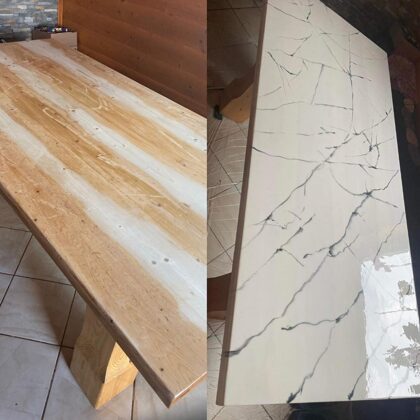 Damaged 2m x 1m pine table. Marble glossy imitation. BEFORE AND AFTER!