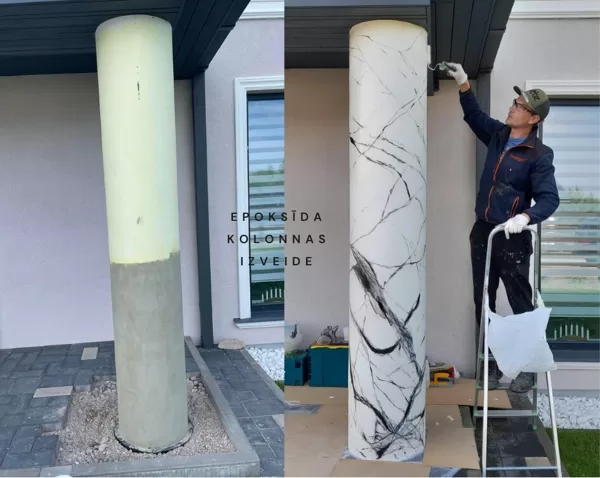 Betona kolonnas tika pārveidotas par marmora imitācijas ar venēcijas apmetumu un epoksīdu