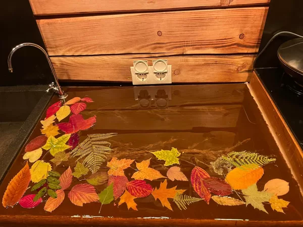 Dried leaves on a flower embedded in epoxy